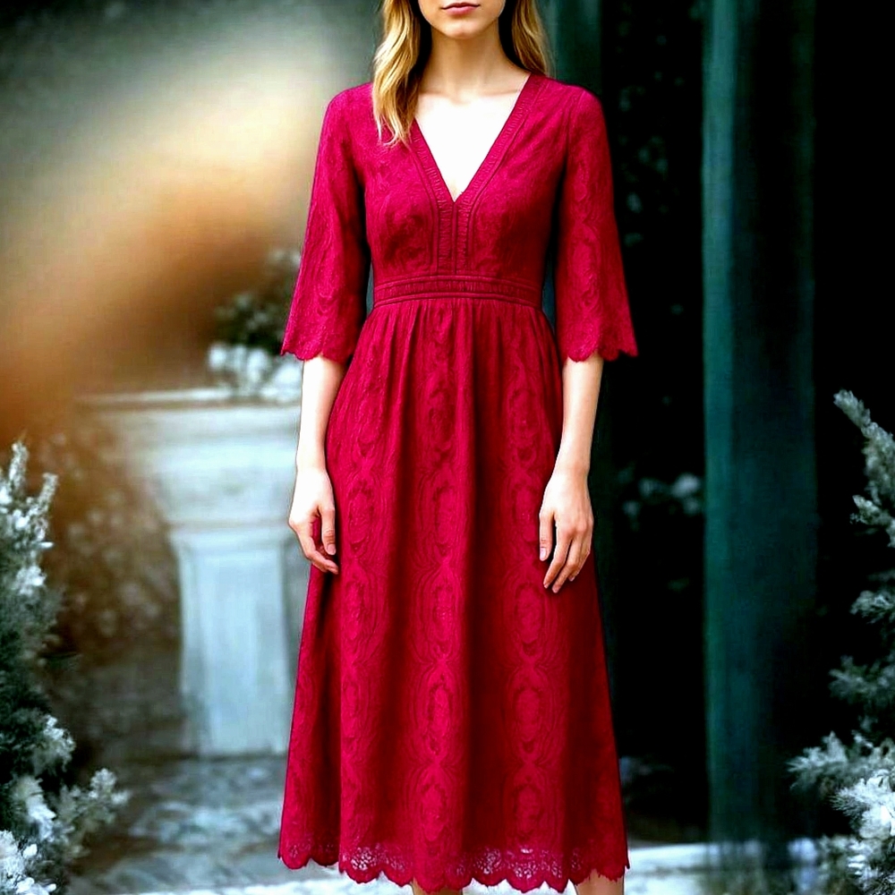 Cranberry Red Lace Maxi Dress Event Holiday Wedding V-neck Ruffled Sleeve Plus - Picture 11 of 11